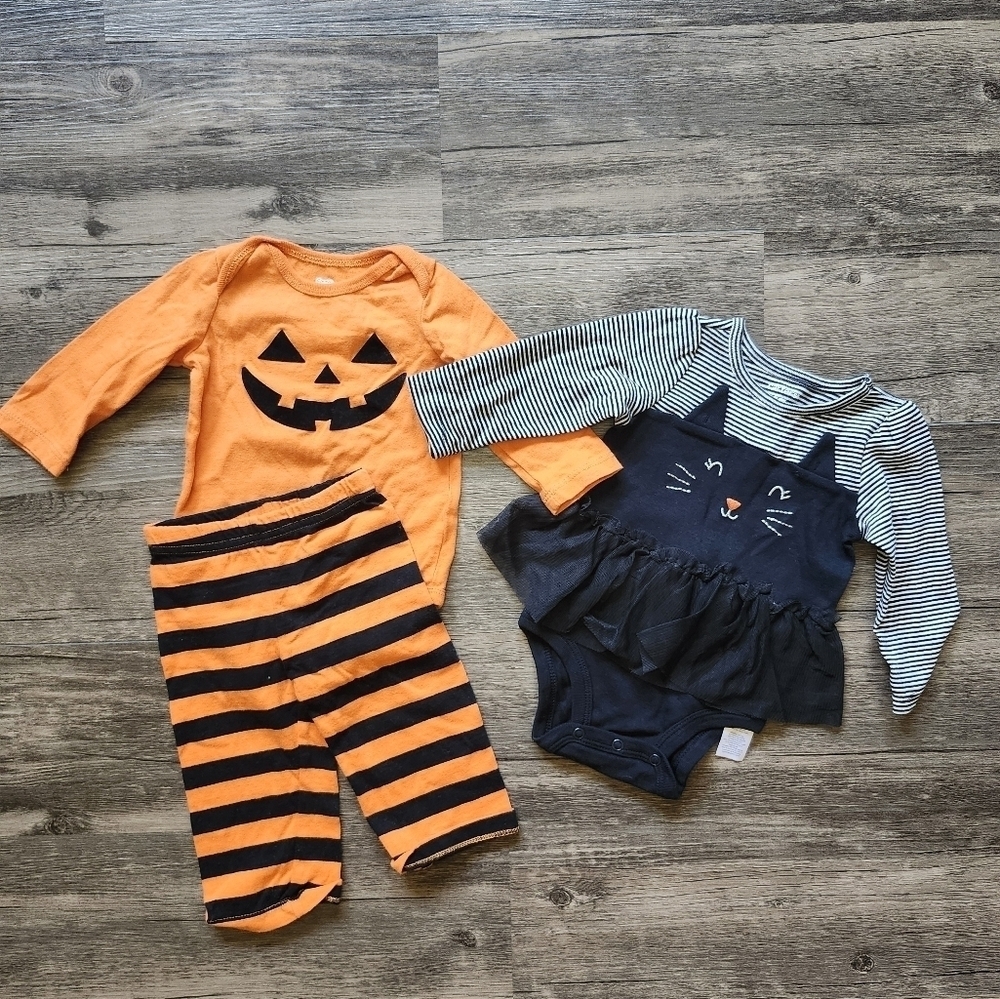 3 To 6 Month Halloween Pumpkin and Cat Outfit Bundle